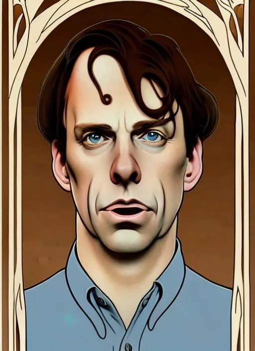 Image similar to art nouveau portrait of geoff rickly with short light brown straw blond hair, light blue eyes, sad expression, scared, head down, shy and demure, natural lighting, path traced, highly detailed, high quality, cartoon, digital painting, by don bluth and ross tran and studio ghibli and alphonse mucha