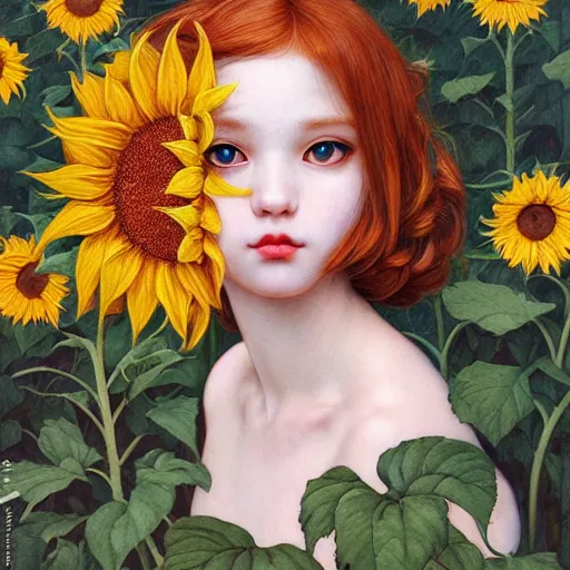 Prompt: white cat girl, botanical, sunflower, portrait face, colorful, kupka, intricate, miles johnston, kuroda seiki, ozabu, godward, painterly, yoshitaka amano, moebius, miles johnston, louise zhang, james jean, mark ryden lowbrow pop surrealism art style