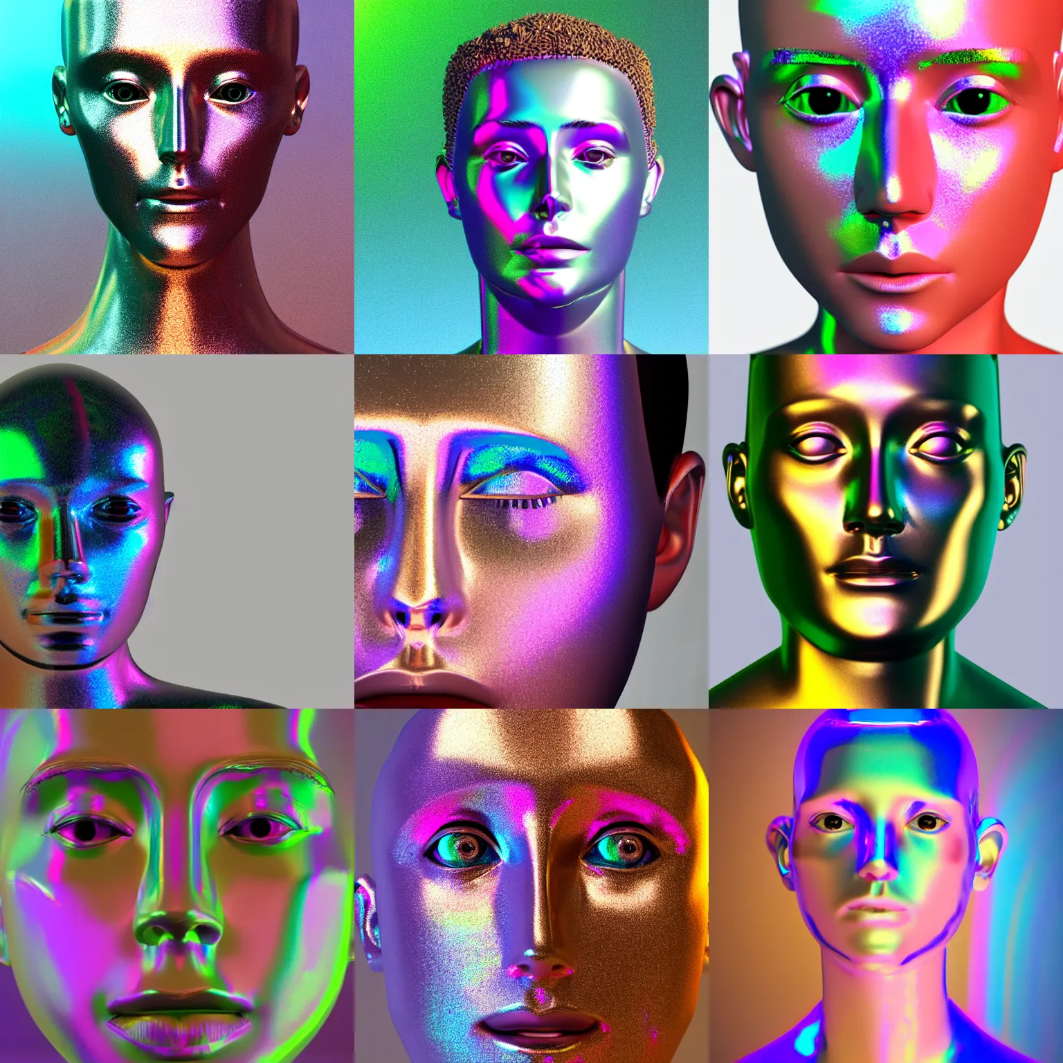 Prompt: 3d render of holographic human robotic bust made of glossy iridescent, surrealistic 3d illustration of a human face non-binary, non binary model, 3d model human, cryengine, made of holographic texture, holographic material, holographic rainbow, concept of cyborg and artificial intelligence