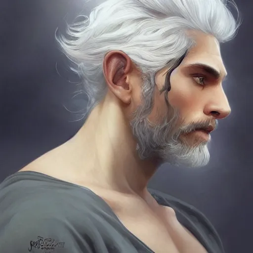 Image similar to beautiful, strong, mixed race, white hair, curly hair, small beard, male, face, head shot, fantasy, highly detailed, digital painting, artstation, concept art, smooth, sharp focus, illustration, art by artgerm and greg rutkowski and alphonse mucha