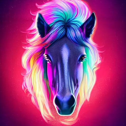 Prompt: digital 🐴, retrowave palette, highly detailed, anatomically correct equine, synth feel, smooth face, ear floof, flowing mane, no reins, super realism, accurate animal imagery, 4 k digital art