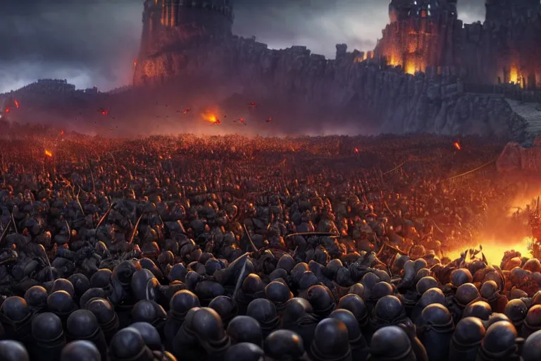 Image similar to diorama of minions fighting orcs in the battle of helm's deep, giant castle walls, realistic, 4 k, detailed, atmospheric, cinematic lighting, octane render, unreal engine render, ray tracing lighting