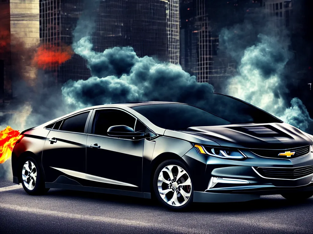 Image similar to black chevy volt close up with a city street background, smoke, fi, chrome, shiny, reflective, metallic, 3 d, render, realistic, hdr, dramatic lighting, flame colors bright