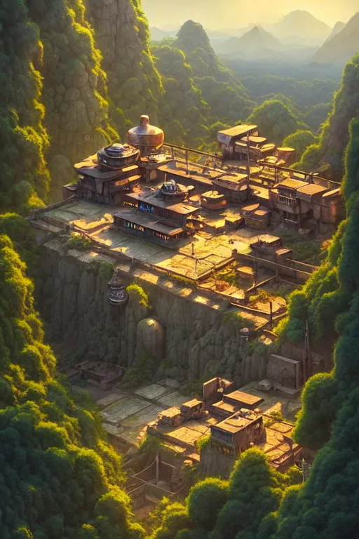 Image similar to a highly detailed matte painting of a post - apocalyptic hillside laboratory monastery aerial view, by studio ghibli, makoto shinkai, by artgerm, by wlop, by greg rutkowski, volumetric lighting, octane render, 4 k resolution, trending on artstation, masterpiece