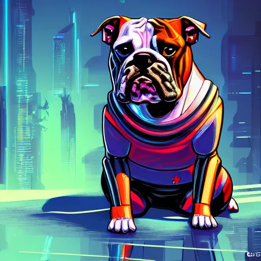 Prompt: « a comic styled painting of a cyborg bulldog sitting down, cyberpunk digital art by greg rutkowsky, illustration, colourful, sharp focus, highly detailed, future tech, sketchfab »