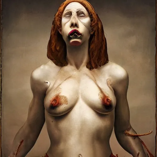 Image similar to the blasphemous caricature of the female body, hyperealistic detailed photography, divinity, awful, religious art