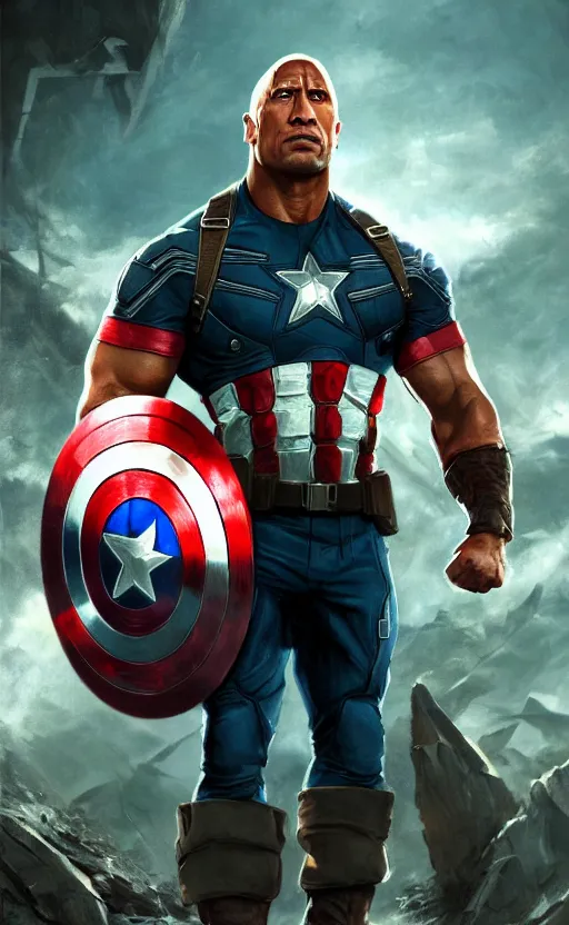 Image similar to dwayne johnson as captain america, dynamic lighting, cinematic, ultra detailed, trending on art station, stunning visuals, creative, fantasy concept art