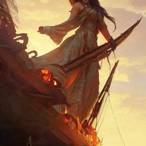 Image similar to pirate ship on fire d & d fantasy intricate elegant highly detailed digital painting artstation concept art matte sharp focus illustration hearthstone art by artgerm art by greg rutkowski art by alphonse mucha