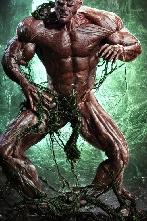 Image similar to high resolution photo of a muscular creature, tree roots, veins, lightning, big muscles, sweat, slime, troll, fishlike, gills, dragonlike, grown together, overgrown, electronic wires, god rays, dark, skin, plastic wrap,