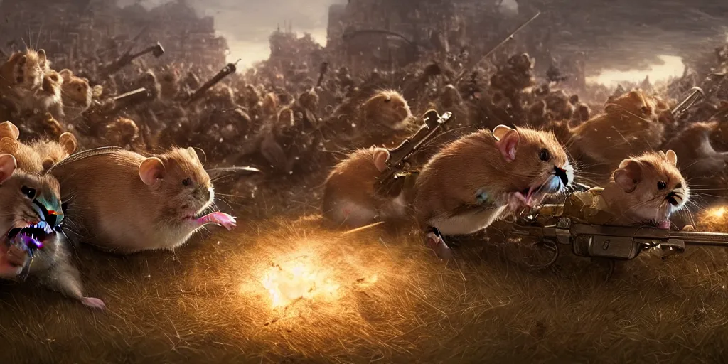 Image similar to highly detailed image of hamsters in a battle, hamsters, hamsters holding rifles, stephen bliss, unreal engine, fantasy art by greg rutkowski, global illumination, radiant light, detailed and intricate environment