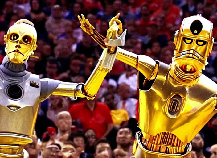 Image similar to ESPN still of C-3PO playing in the nba playoffs live on espn, 4k