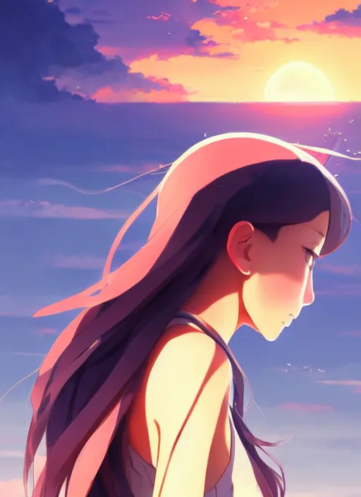 Prompt: side portrait of cute girl, sunset sky in background, beach landscape, illustration concept art anime key visual trending pixiv fanbox by wlop and greg rutkowski and makoto shinkai and studio ghibli and kyoto animation, futuristic wheelchair, symmetrical facial features, future clothing, realistic anatomy, backlit