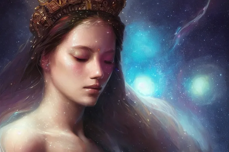 Image similar to a beautiful portrait of a female goddess with closed eyes, galaxy theme colors, galaxy theme colors, ultra realistic digital art by Greg Rutkowski and Raymond Swanland, Trending on Artstation, ultra realistic digital art, ultra realistic digital art