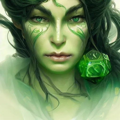 Image similar to green female ogre, deep focus, d & d, fantasy, intricate, elegant, highly detailed, digital painting, artstation, concept art, matte, sharp focus, illustration, hearthstone, art by artgerm and greg rutkowski and alphonse mucha