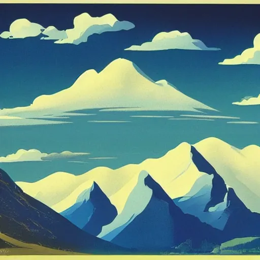 Prompt: clean grassland, snow - capped mountains in the distance, clouds in the sky, eyvind earle