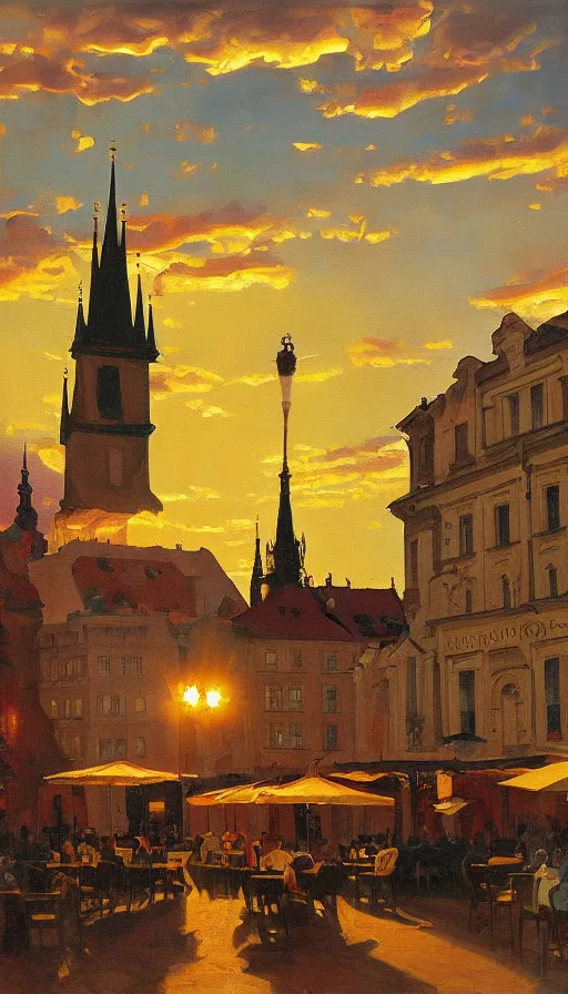 Prompt: still-life painting of Prague cafe at sunset by Krøyer, golden hour, dramatic lighting, volumetric lighting, intricate detail, canvas print