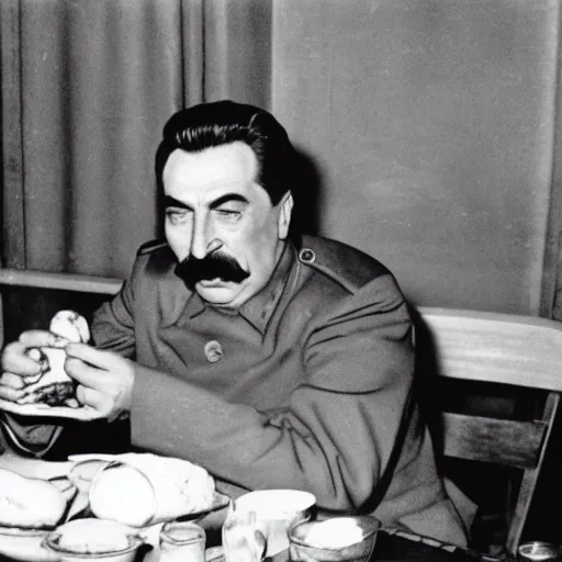 Image similar to stalin eats a hamburger at mcdonald's, photo in color