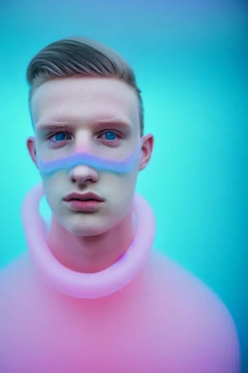 Image similar to high quality pastel coloured film mid angle portrait photograph of a beautiful young 2 0 year old male, soft features, short hair, perspex mask and oversized inflated clothing!!!! icelandic black! rock pool environment. atmospheric three point light. photographic. art directed. ( pastel colours ). volumetric. clearcoat. waves. 8 k. filmic.