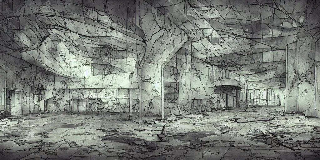 Prompt: eerie abandoned mall, horror - themed, award - winning anime digital art