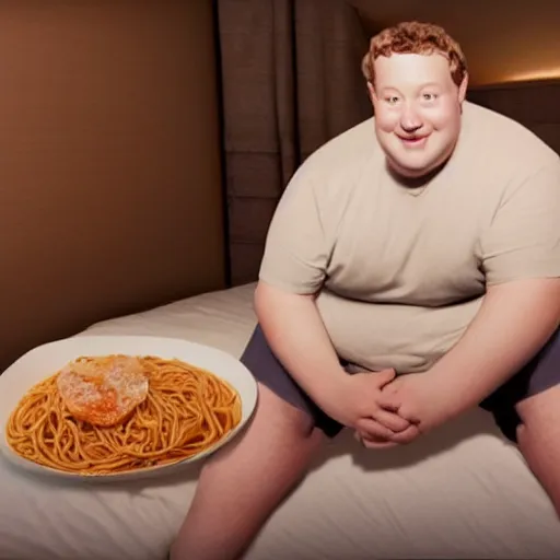 Image similar to fat mark zuckerberg sitting in bed eating spaghetti