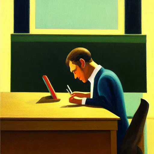 Image similar to painting of a lone man, sitting at his desk in an empty, huge office, in the style of edward hopper