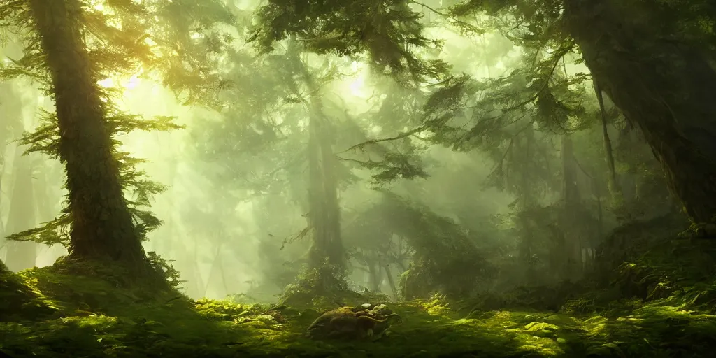 Prompt: a forest, oil painting, cinematic angle, hyperrealistic, volumetric lighting, breathtaking, Studio Ghibli, octane render, post-processing, epic composition, trending on artstation, masterpiece