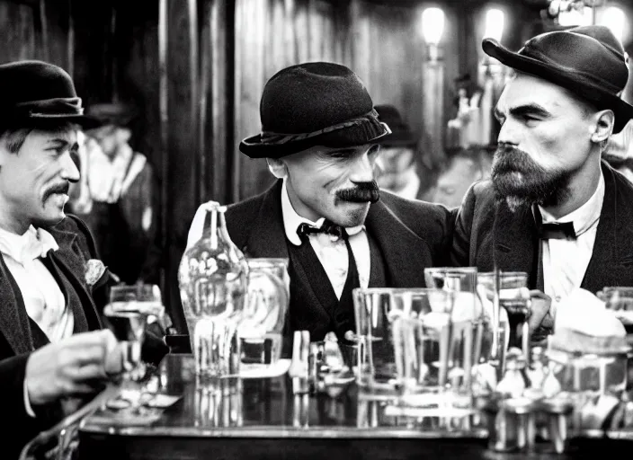 Prompt: an celebration in a bar scene from the series peaky blinders, leonardo dicaprio and daniel day - lewis, sharp eyes, happy, joyful, celebration, detailed and symmetric faces, black and white, cinematic, epic,