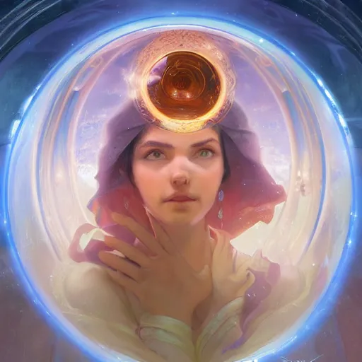 Prompt: a young and powerful goddess trapped in a dome, bubble, prisoner, panicking, lightning, energy bursts, highly detailed, digital painting, artstation, concept art, sharp focus, cinematic lighting, illustration, art by artgerm and greg rutkowski, alphonse mucha, cgsociety