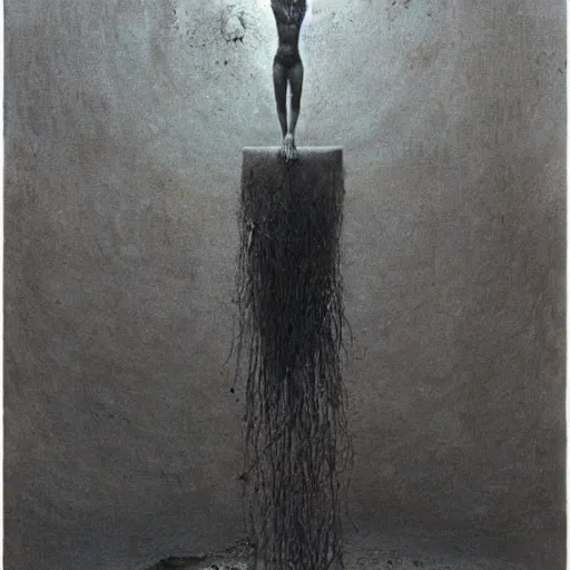 Image similar to Audrey Hepburn a Baron Harkonnen floating in the air in a large empty chamber Giger beksiński
