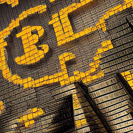 Image similar to a mountain made out of computer screens that display bitcoin logos, cinematic, post - apocalyptic landscape, unreal engine 5, harsh contrast lighting
