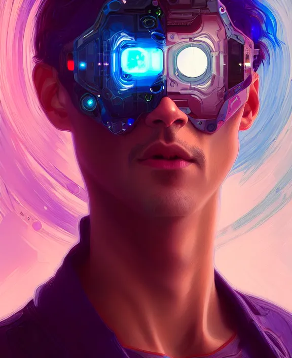 Image similar to a whirlwind inside the metaverse, guy, male, man, hologram, half body, neurochip, android, cyborg, cyberpunk face, by loish, d & d, fantasy, intricate, elegant, highly detailed, colorful, digital painting, artstation, concept art, art by artgerm and greg rutkowski and alphonse mucha