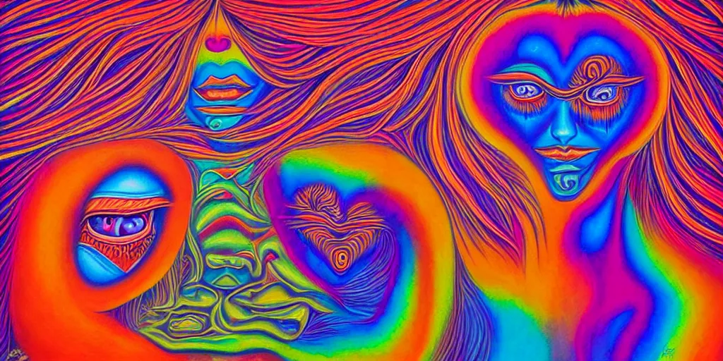 Prompt: love conciousness ( ( ( psychedelic dripping color ) ) ), detailed painting by painting by pablo amaringo alex grey