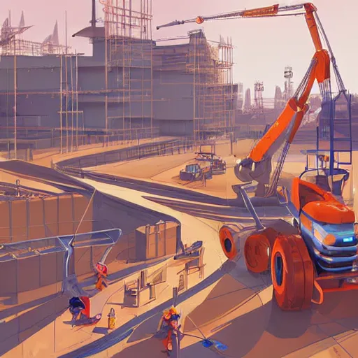 Image similar to construction site with living happy robotic construction vehicles game smooth median photoshop filter cutout vector, behance hd by jesper ejsing, by rhads, makoto shinkai and lois van baarle, ilya kuvshinov, rossdraws global illumination