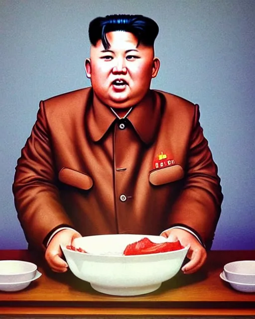 Image similar to kim jong un as a friendly cook. 1 9 8 0 s dystopian soviet russia, propaganda screens. unreal engine, fantasy art by jesper ejsing. faithfully depicted facial expression, perfect anatomy global illumination, radiant light, detailed and intricate environment