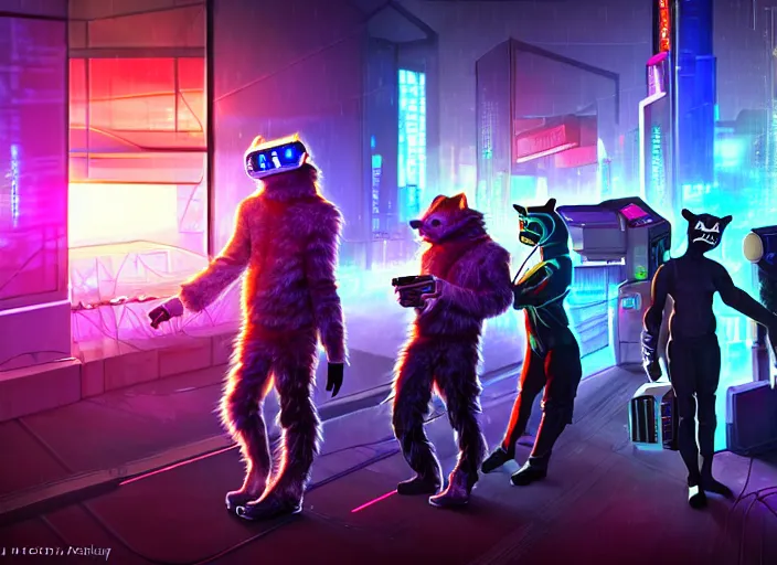 Image similar to high - resolution photograph from a cyberpunk era furry fandom convention ( midwest furfest 2 0 4 7 ), taking place after the genetic revolution and quantum singularity. photorealistic.