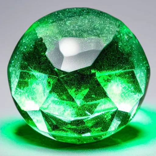 Prompt: glowing green polygonal emerald crystal ball in the dark