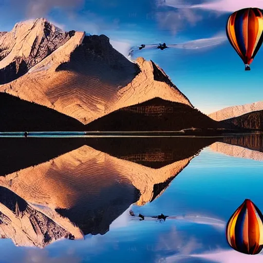 Image similar to photo of two black swans touching heads in a beautiful reflective mountain lake, a colorful hot air balloon is flying above the swans, hot air balloon, intricate, 8k highly professionally detailed, HDR, CGsociety