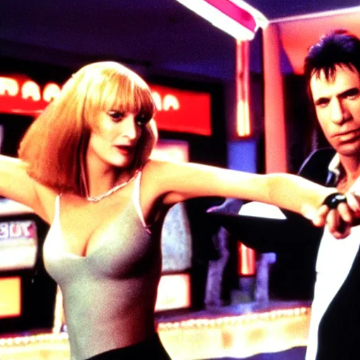 Image similar to uma thurman and john travolta in dance dance revolution, pulp fiction edition, playstation 2 video game