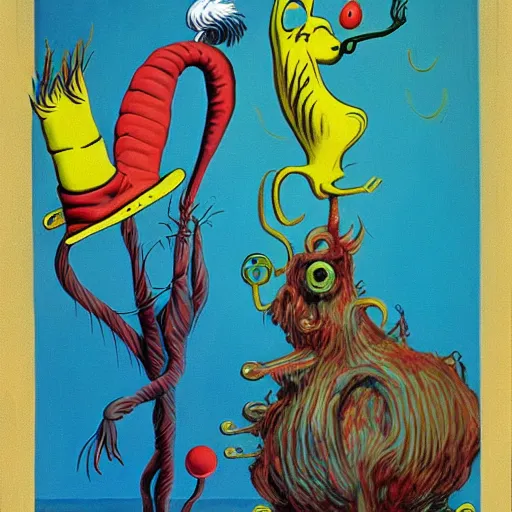 Prompt: surrealism painting by dr seuss