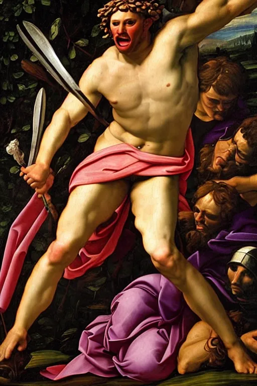 Image similar to renaissance painting of spartan, closeup, rage face closeup, emotions closeup, dressed in roman armour, the beautiful garden with liliac bush everywhere, ultra detailed, art by guido reni style, vincenzo catena style