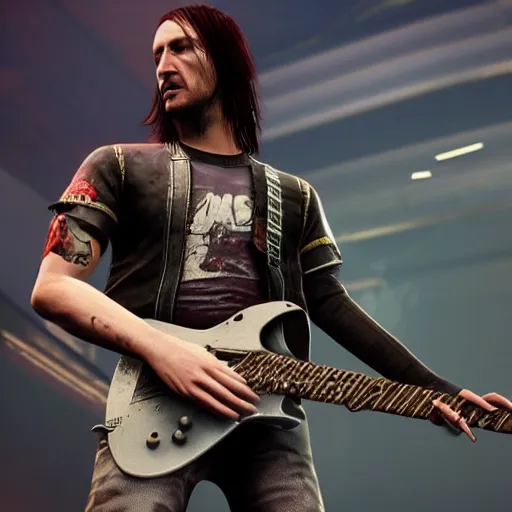 Prompt: John frusciante playing his guitar hyperdetailed photorealism Cyberpunk 2077 unreal engine 5 4k very high quality