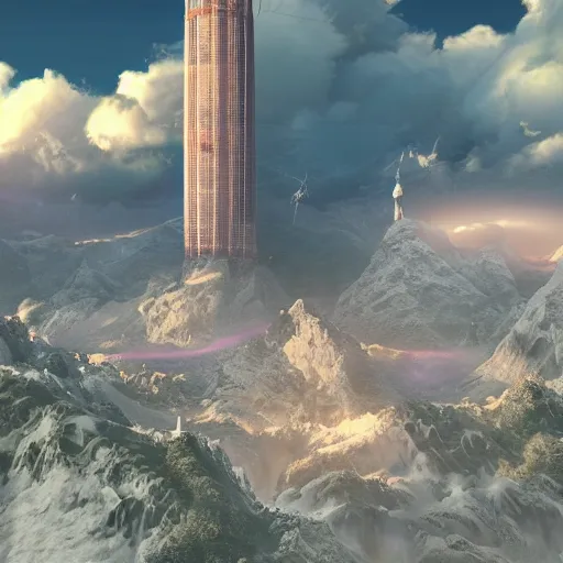 Image similar to Hyper realistic innovation city, perfectly detailed mountain on which stands the tower of the future , fantastically beautiful particles of magic around the tower , delightful clouds, stunningly detailed light, In arcane style, octane render - W 1024