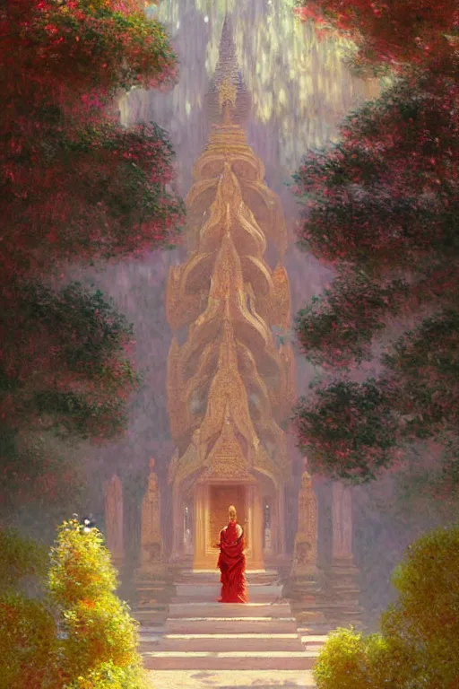 Image similar to temple, buddhism, impressionnisme, painting by greg rutkowski, artgerm, claude monet