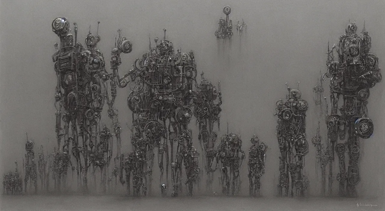 Image similar to steampunk robots by vladislav beksinski