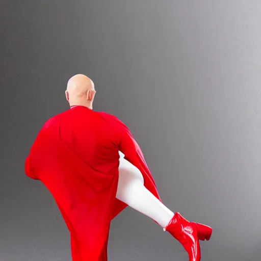 Image similar to anime baldy man with long - sleeved light - yellow shirt, red gloves, red boots and avery white cape
