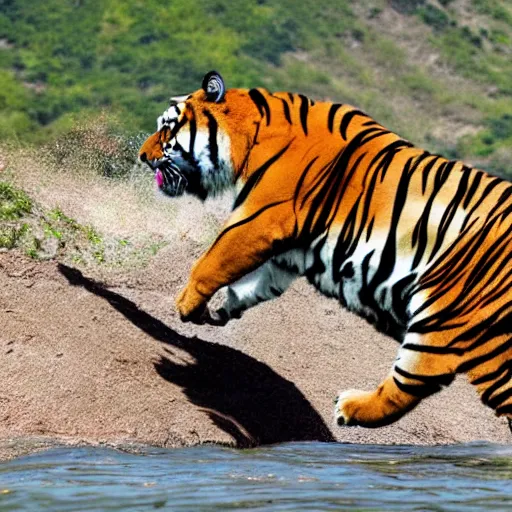 Prompt: a tiger jumping off a cliff with a parachute