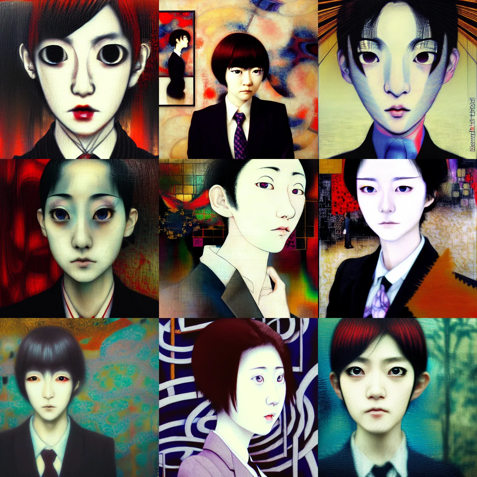 Image similar to yoshitaka amano blurred and dreamy realistic three quarter angle portrait of a young woman with short hair and black eyes wearing office suit with tie, junji ito abstract patterns in the background, satoshi kon anime, noisy film grain effect, highly detailed, renaissance oil painting, weird portrait angle, blurred lost edges