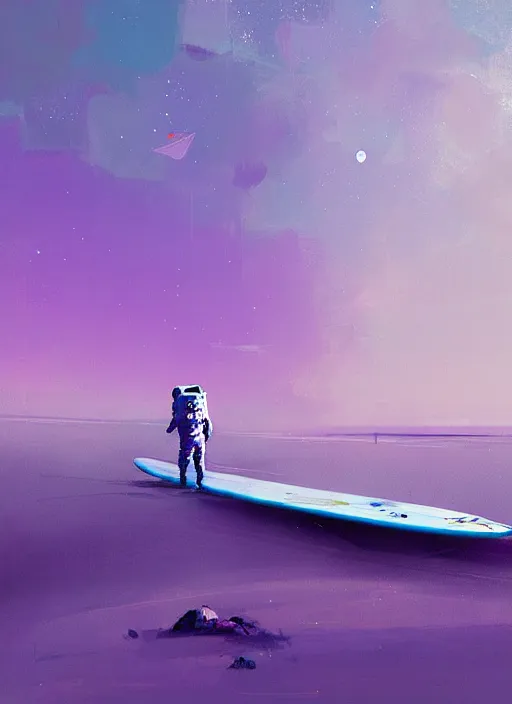 Prompt: astronaut surfer, purple and blue hour, by ismail inceoglu