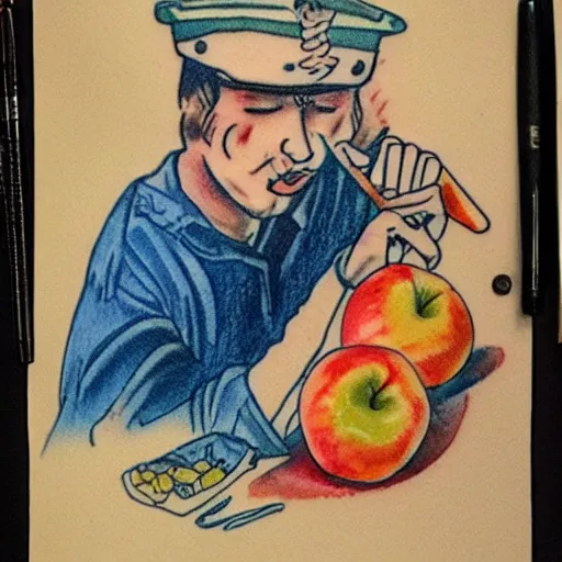 Image similar to a old tattoo of a sailor from the 1 9 4 0 s eating a honeycrisp apple, blues and whites, sketching, watercolor, color restoration, high quality