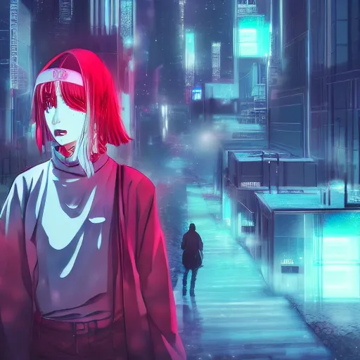 Prompt: anime al qaeda, 3 5 mm film still, wired landscape, cyberpunk, volumetric lighting, photo realistic, digital art, anime background, red colour palette, very detailed faces